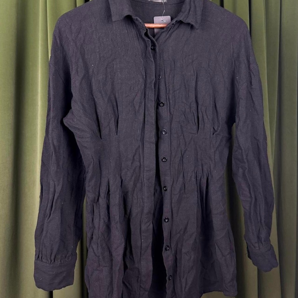 White Fox Black Linen Button Up Shirt Long Sleeve Pleated Waist Womens Medium